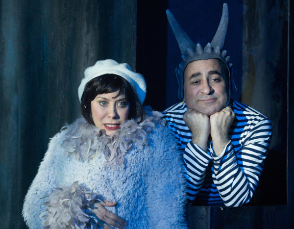 Cheryl Stern as a pigeon and Steven Rattazzi as her gargoyle friend in Anton Dudley&#39;s City Of, a production of The Playwrights Realm at the Peter Jay Sharp Theater, directed by Stephen Brackett.