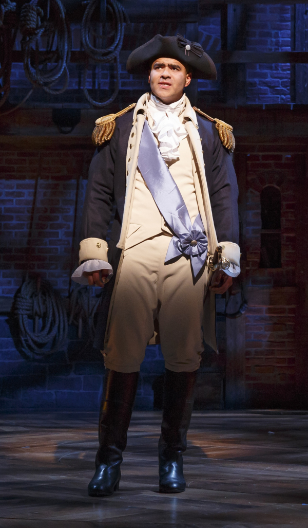 Christopher Jackson as a stately George Washington in Hamilton at The Public Theater.
