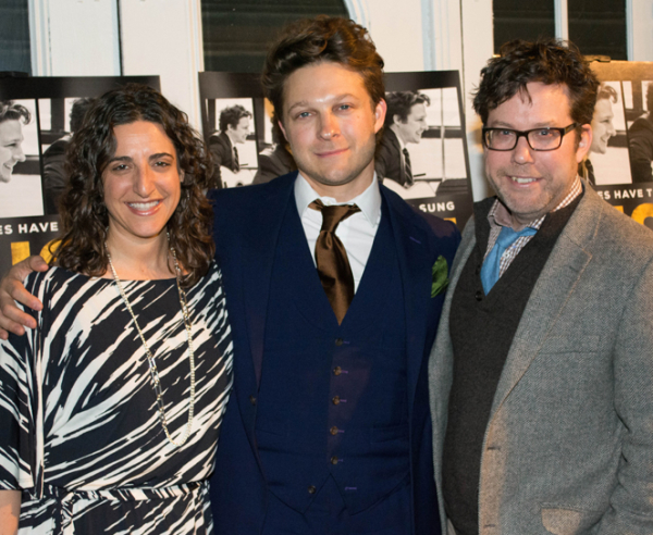 The Lion writer/performer Benjamin Scheuer (center) celebrates his opening night with producer Eva Price (left) and director Sean Daniels (right).