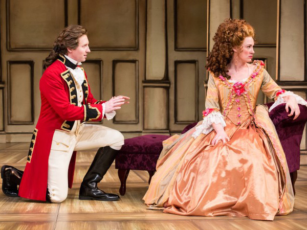 Cary Donaldson and Jessica Love in the 2014 off-Broadway production of Richard Brinsley Sheridan&#39;s The Rivals, directed by Hal Brooks, at Pearl Theatre Company.