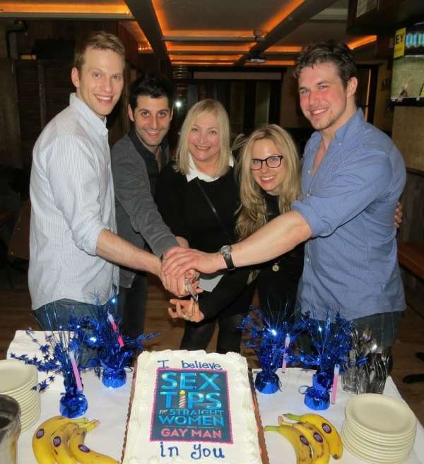 Grant MacDermott (Dan), Tim Drucker (director), Maggie Berman (author of the book), Sam Tedaldi (Robyn), and Mat Leonard (Stefan) celebrate the year-anniversary of Sex Tips for Straight Women to a Gay Man.