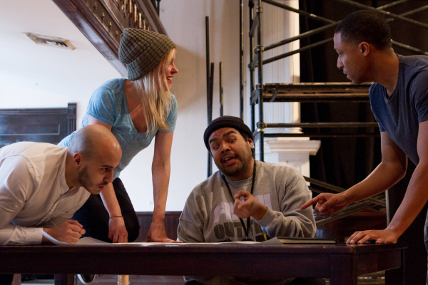 Jessie D. Prez, Kelly O'Sullivan, J. Salomé Martinez Jr., and Jerry MacKinnon in rehearsal for Steppenwolf Theatre Company's production of This Is Modern Art (based on true events), running February 25-March 14.