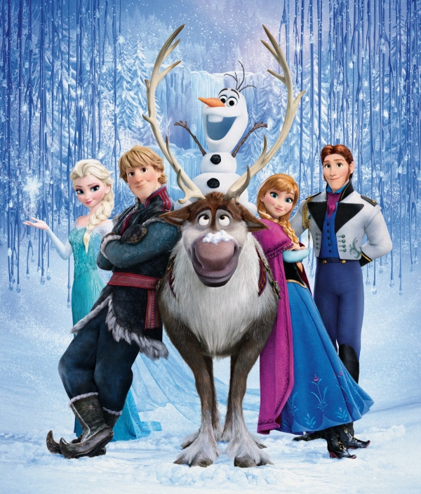 The Broadway-bound characters of Frozen (L to R): Elsa, Kristoff, Sven, Olaf, Anna, and Hans.